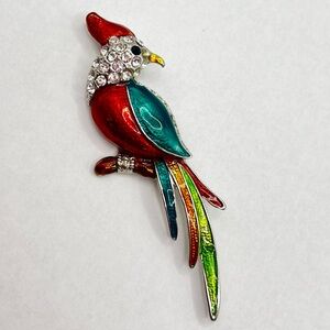 Vintage Colorful Enamel Bird Brooch Rhinestone Parrot Pin Statement